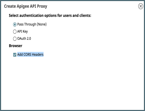 Users can select authentication options when creating an Apigee API Proxy.