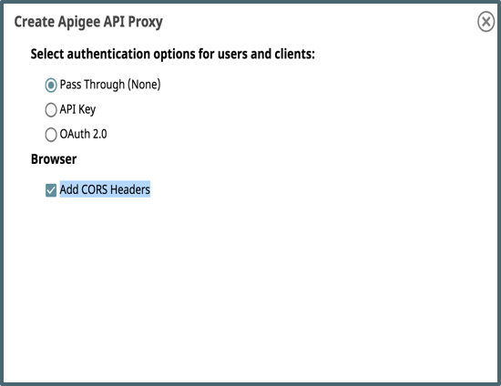 Gli utenti possono selezionare le opzioni di autenticazione quando creano un Apigee API Proxy.
