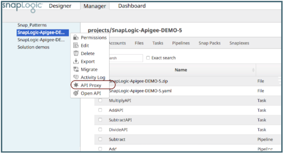 Within the SnapLogic Manager tab, you can select API proxy. 