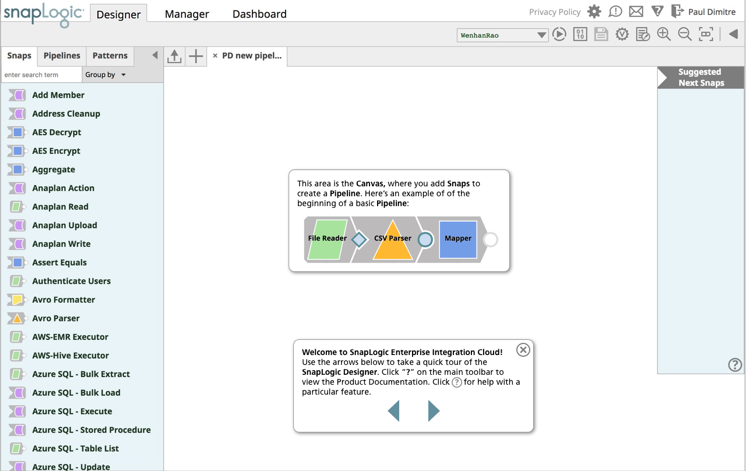 Beispiel für die Schlüsselelemente der SnapLogic Enterprise Integration Cloud UI und wie man einen Integrationsworkflow auf der Leinwand zusammenstellt.