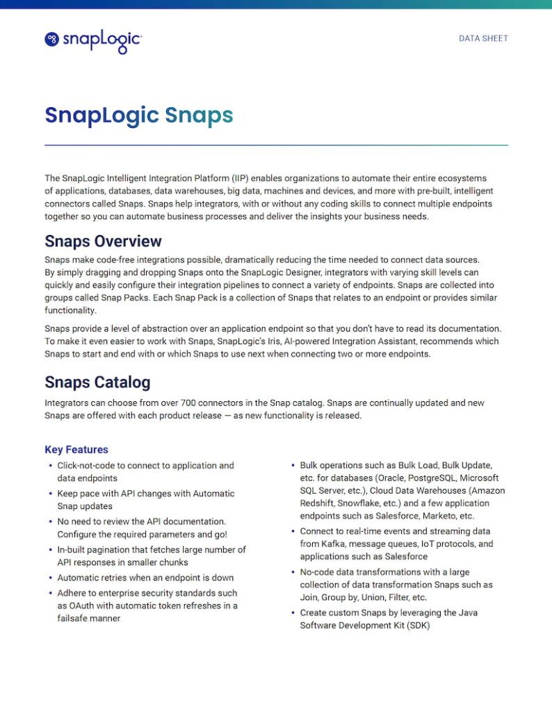 SnapLogic Snaps data sheet preview