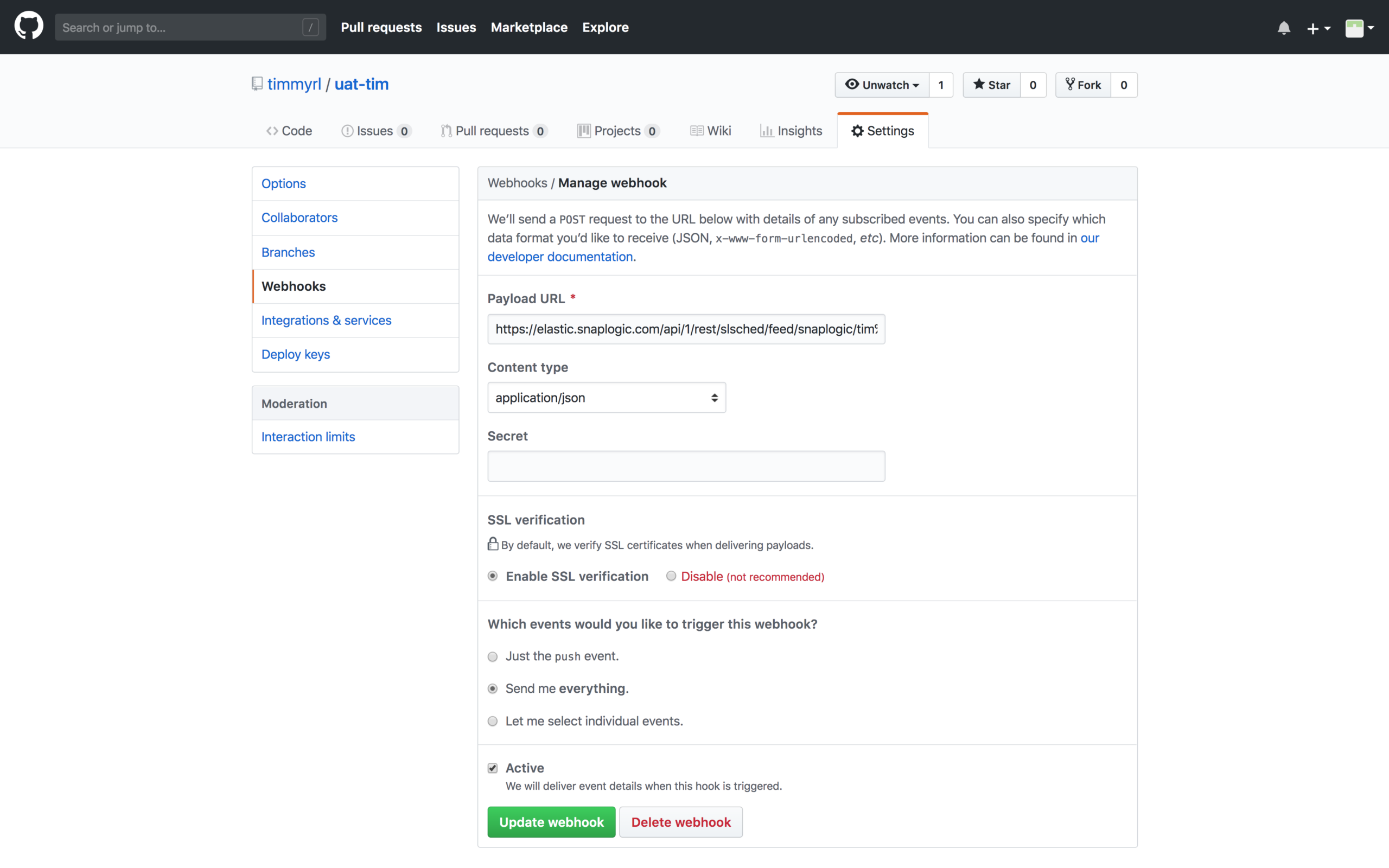 Esempio di webhook GitHub.