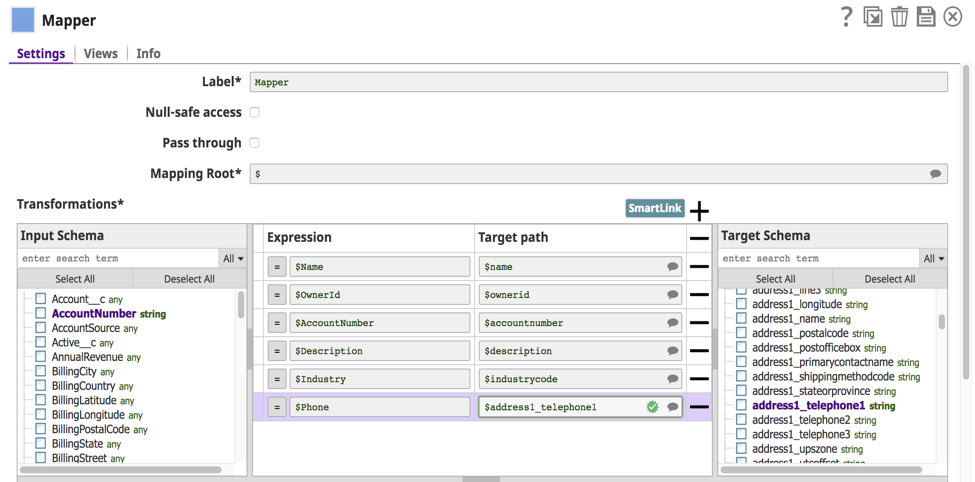 mapper snap mapping the source schema to target schema.