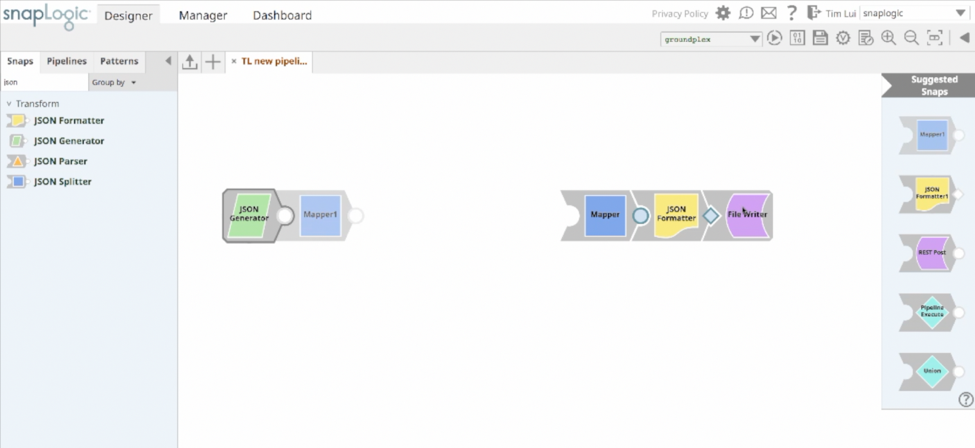 Start building a pipeline either from the start or from the end of a pipeline. Once endpoints are selected, the Integration Assistant provides recommendations to help build out the Snaps in the middle. 