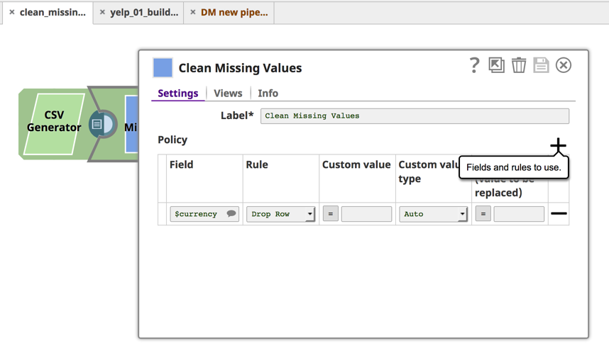 SnapLogic Data Sciencec Clean Missing Value Pipeline Setting (Paramètres du pipeline de nettoyage des valeurs manquantes)