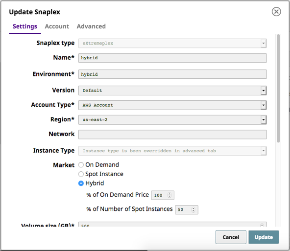 Figure 2: Shows the options to pick Hybrid Instances for optimal cost management in SnapLogic eXtreme