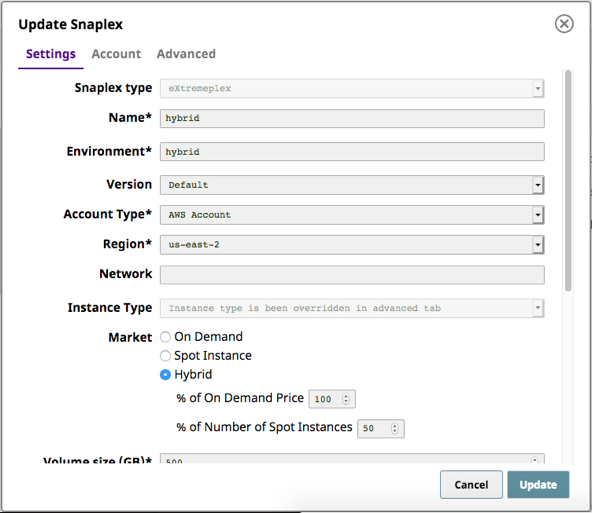 Figura 2: Mostra le opzioni per scegliere le istanze ibride per una gestione ottimale dei costi in SnapLogic eXtreme.