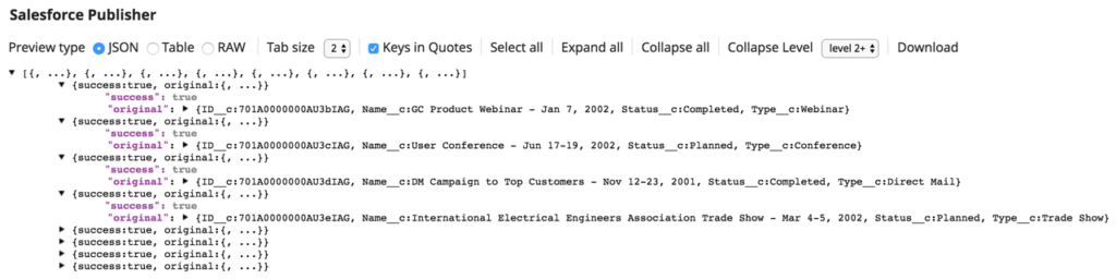 Figura 3: L'output di Sales Publisher che mostra gli eventi della campagna memorizzati all'interno della piattaforma Salesforce Events.