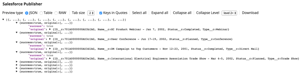 Figure 3 : La sortie de Sales Publisher montrant les événements de la campagne stockés dans les événements de la plate-forme Salesforce.