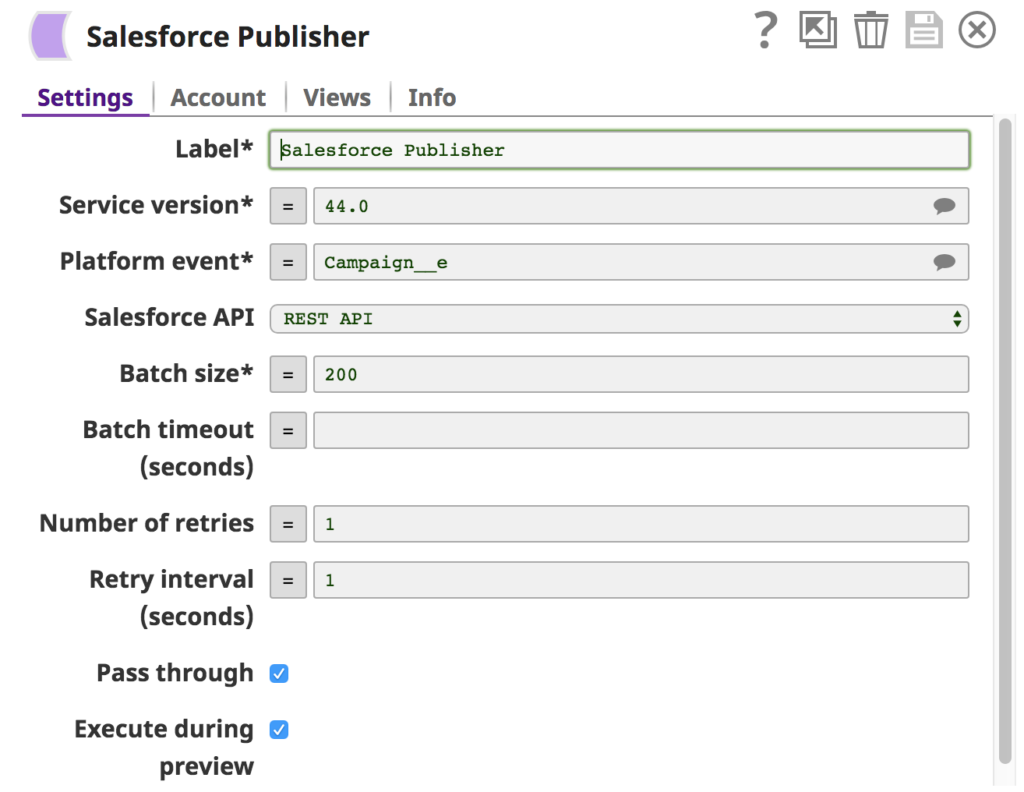 Figure 1: Use the Salesforce Publisher Snap to publish events to Salesforce. 