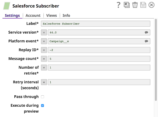 Figure 2: The Salesforce Subscriber Snap enables you to receive events in the Salesforce Platform Events.