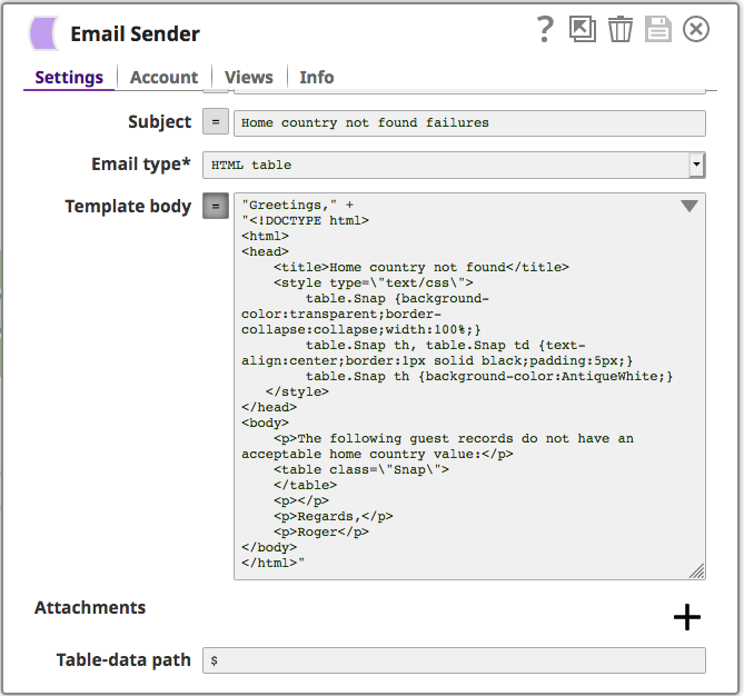 Screenshot of Email Sender snap configuration 