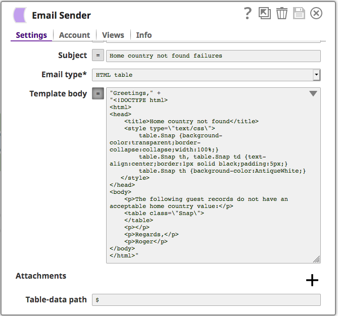 Schermata di configurazione dello snap del mittente e-mail 