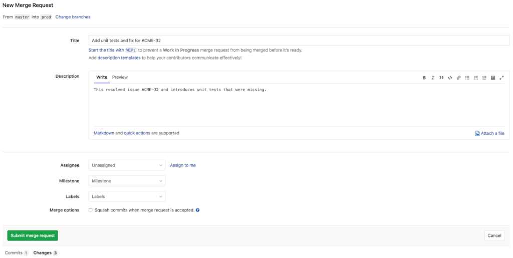 Figure 1 : Demande de fusion GitLab, incluant le 1 commit avec 3 changements (Pipelines)