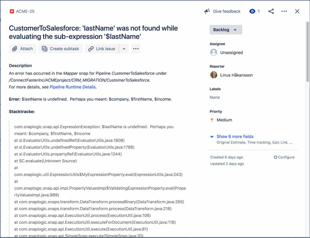 Figure 10: The automatically generated JIRA ticket