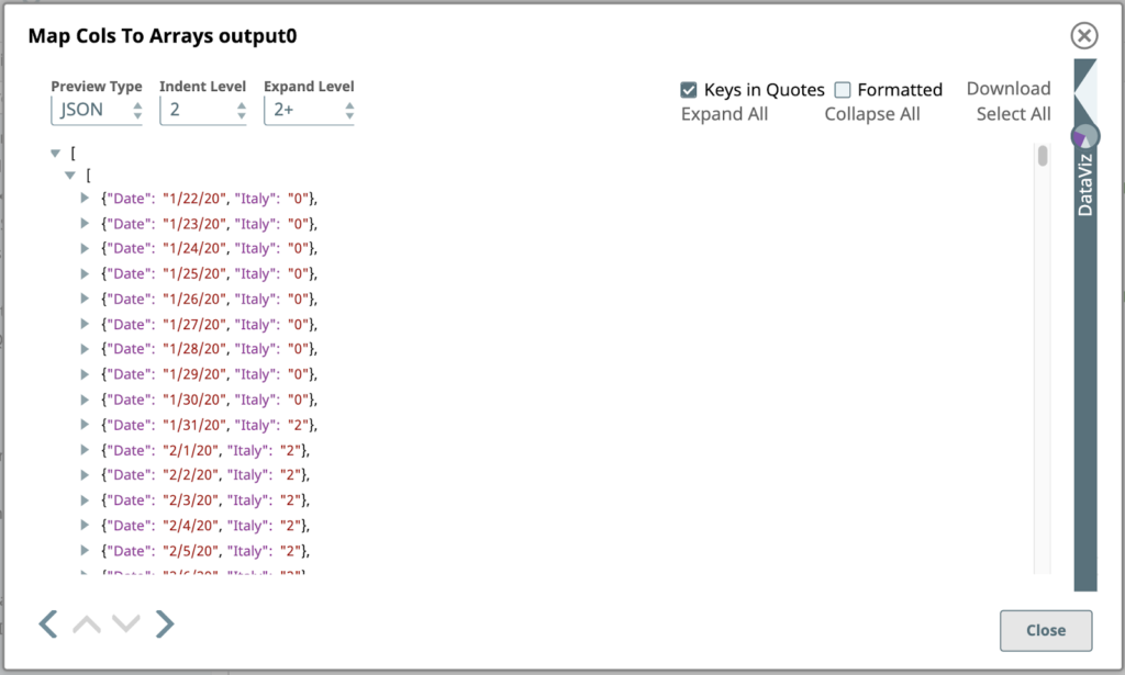 Figure 14: JSON preview of the column to array mapper