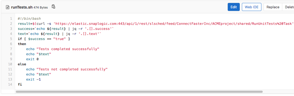 Figure 3: runTests.sh script that executes the RunUnitTests Task Triggered Task