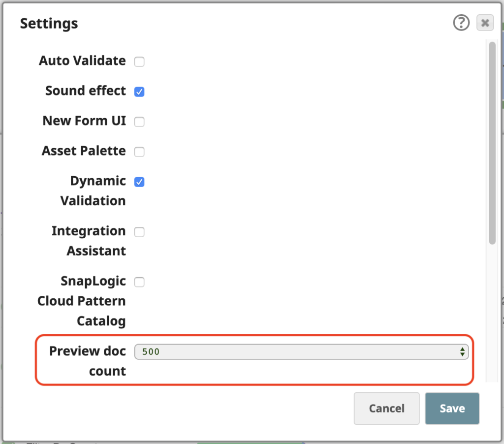 Figure 5- Paramètres de SnapLogic Designer pour modifier le nombre de documents de prévisualisation