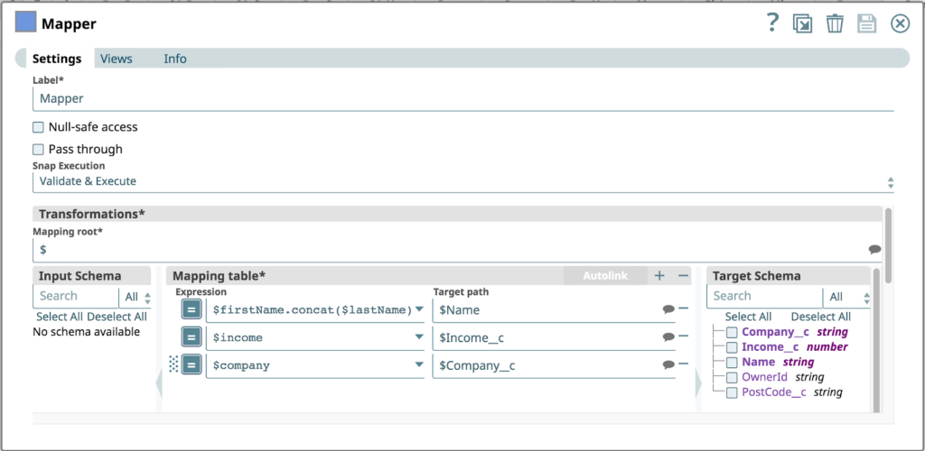 Figure 5: The Mapper Snap configuration in the CustomerToSalesforce Pipeline. 