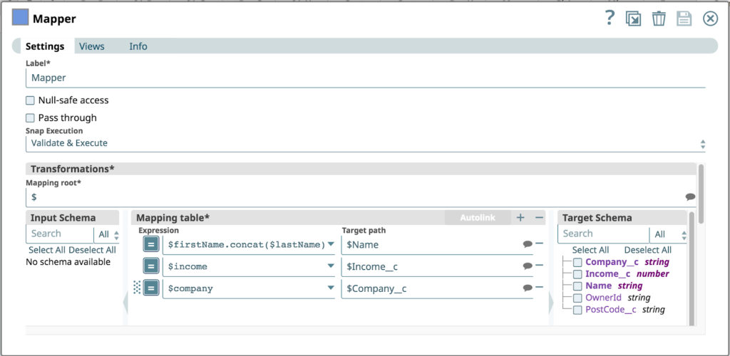 Abbildung 5: Die Mapper Snap-Konfiguration in der CustomerToSalesforce Pipeline. 