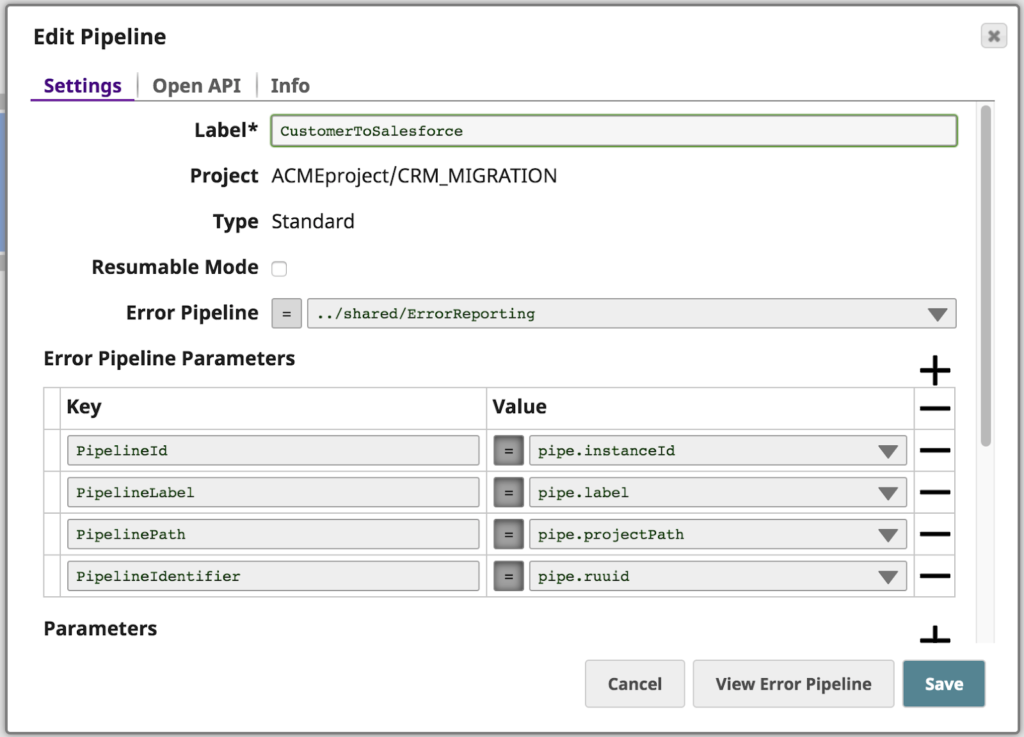 Figure 6: Error pipeline configuration under the pipeline properties for the CustomerToSalesforce pipeline