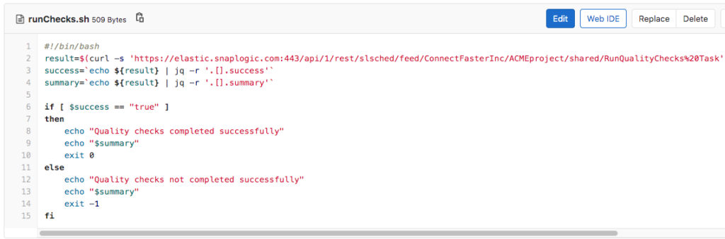 Figure 6: runChecks.sh script that executes the RunQualityChecks Task Triggered Task