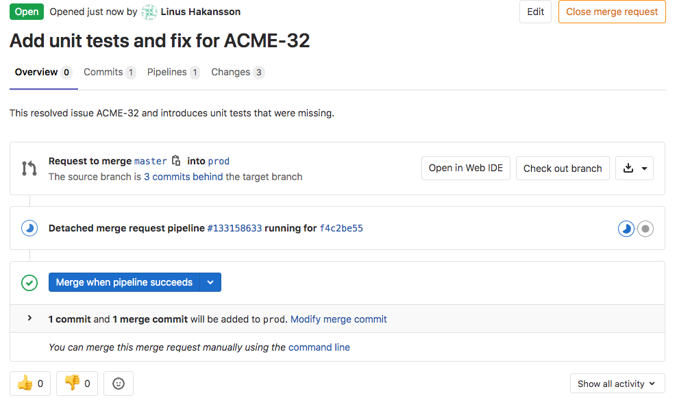 Figure 9 : La page de résumé de la demande de fusion dans GitLab