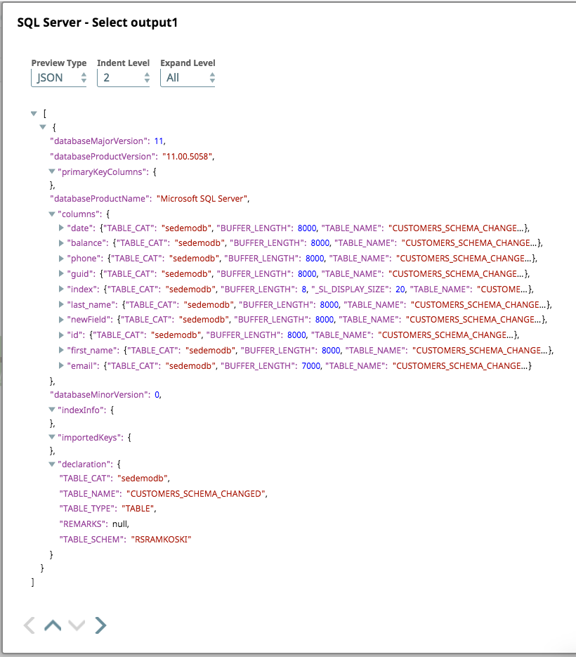 Figure 6: Preview of metadata from SQL Server Select snap