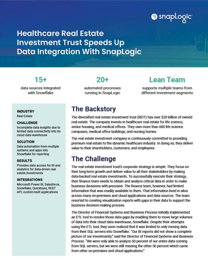 Healthcare Real Estate Investment Trust Speeds Up Data Integration With SnapLogic case study