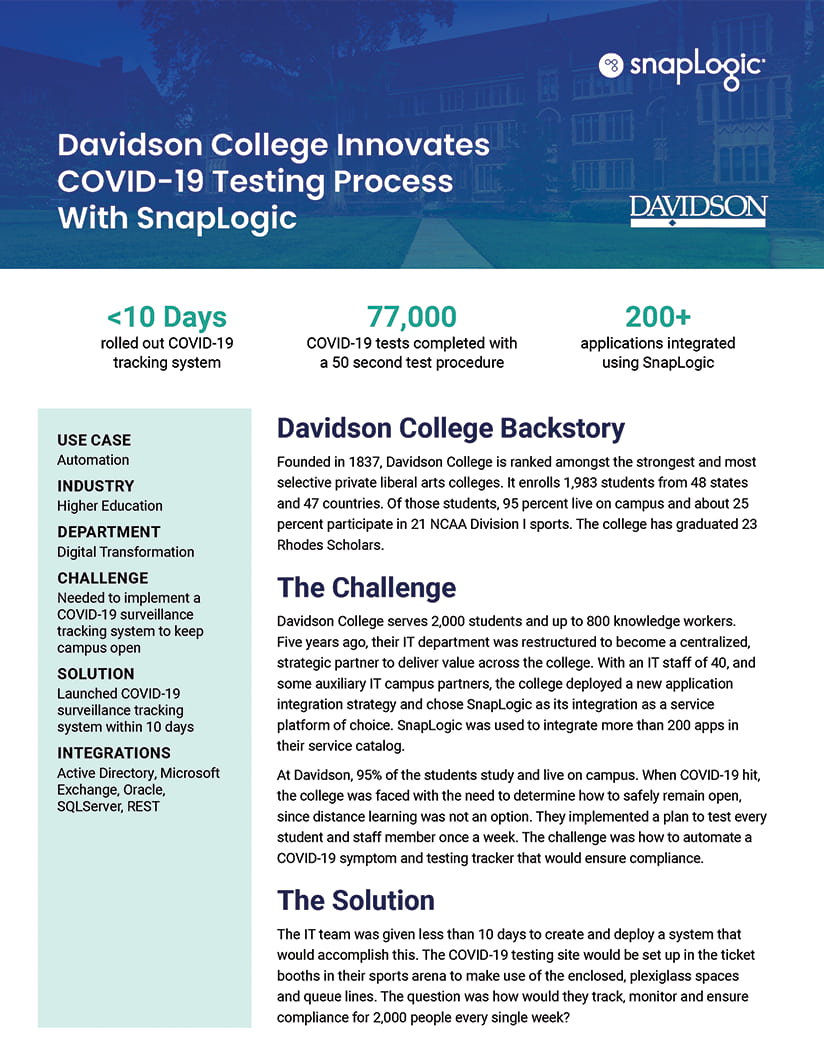 Davidson College Innovates COVID-19 Testing Process with SnapLogic case study