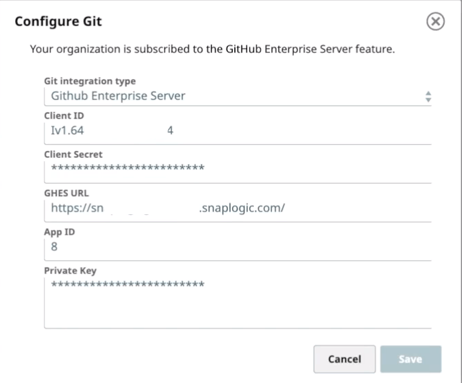 GitHub Enterprise Server configuration in the SnapLogic Manager