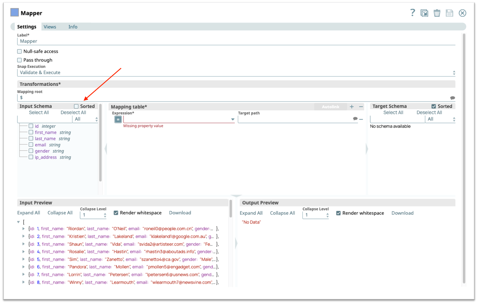 Mapper-Sortierung nach eingehendem Index in der SnapLogic Integration Platform