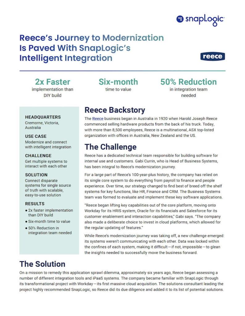 Reece’s Journey to Modernization is Paved With SnapLogic’s Intelligent Integration case study preview