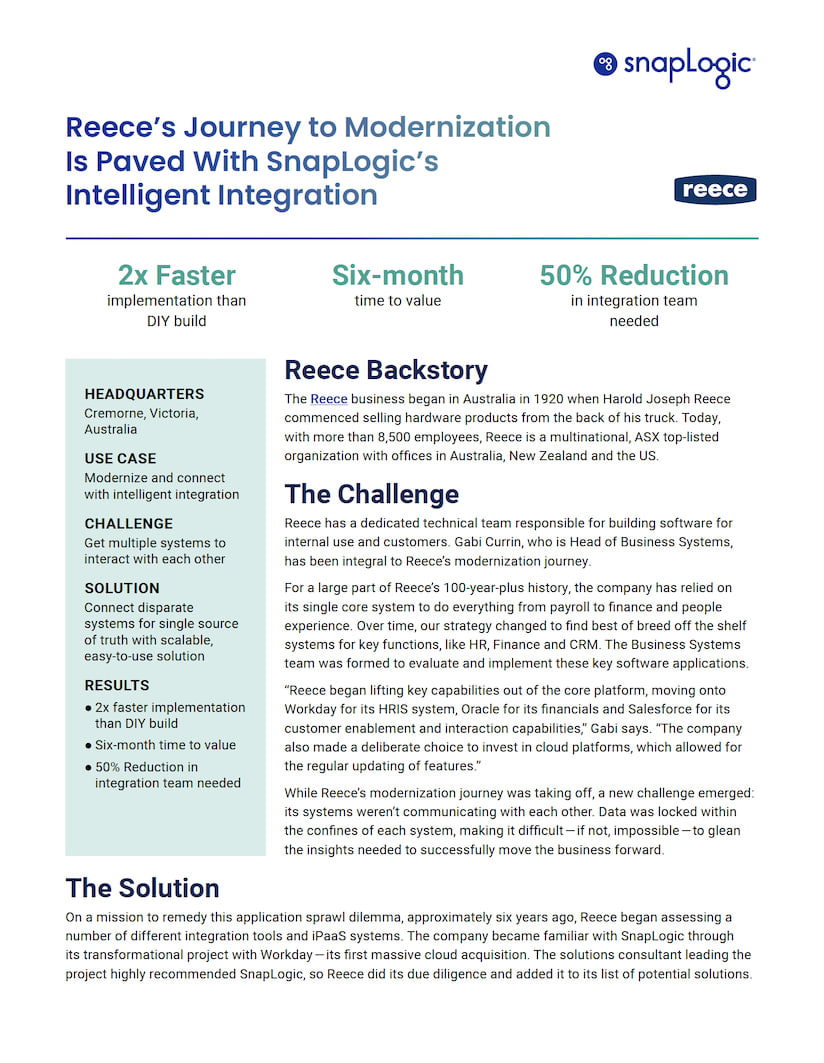 Reece’s Journey to Modernization is Paved With SnapLogic’s Intelligent Integration case study preview