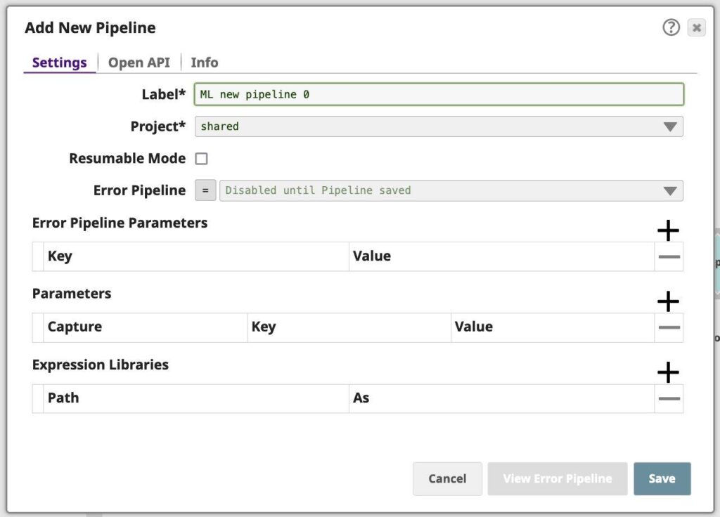 Pipeline property sheet