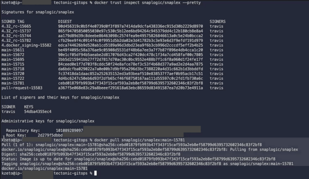 Docker trust command shows signed images of the SnapLogic Snaplexes.
