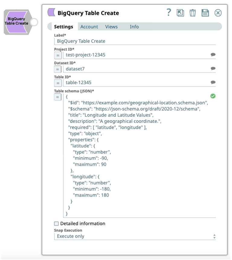 Configuration de Google BigQuery Table Create