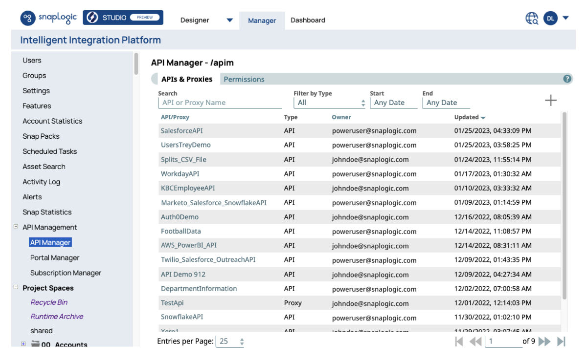 Screenshot of API Management screen