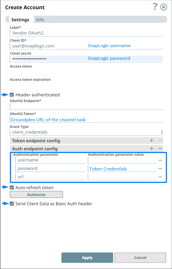 Erstellen von Kontoeinstellungen für Konto-Token in SnapLogic