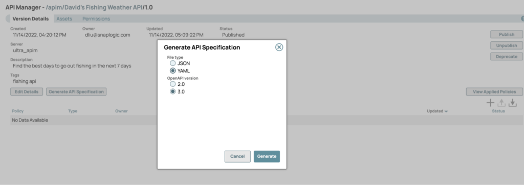 Dialog box when generating a new API specification