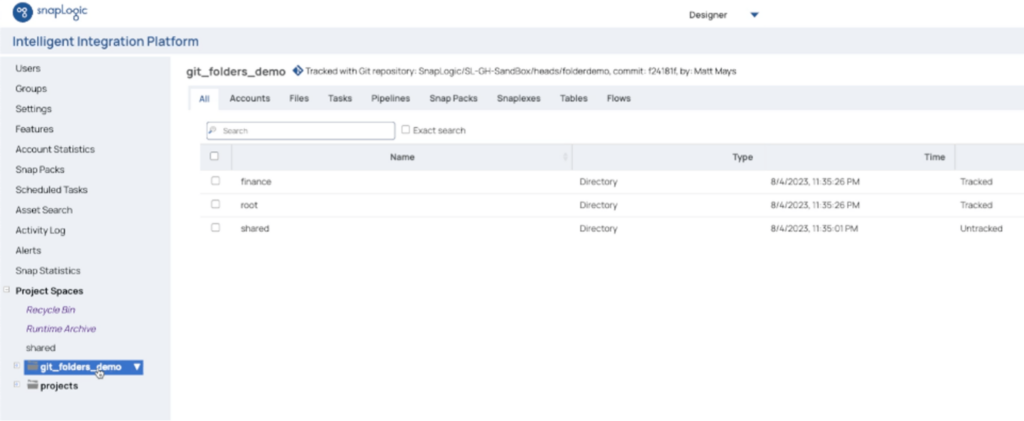 When you link SnapLogic Project Spaces to a Git Repository, folders within it are mapped to SnapLogic Project Folders
