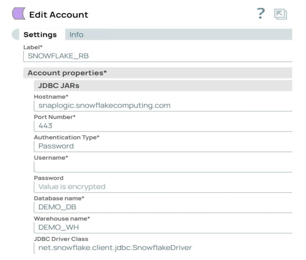 Pagina di modifica delle impostazioni di SnapLogic per Snowflake_RB