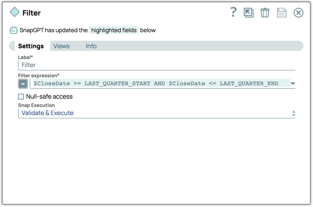 Page des paramètres de l'instantanéité du filtre