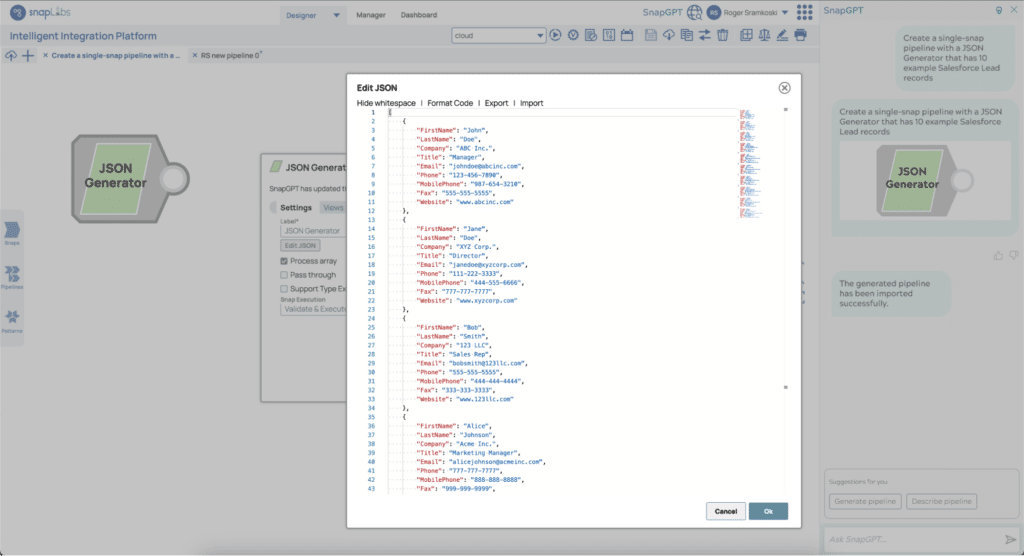 Pipeline mit JSON-Generator erstellt von SnapGPT