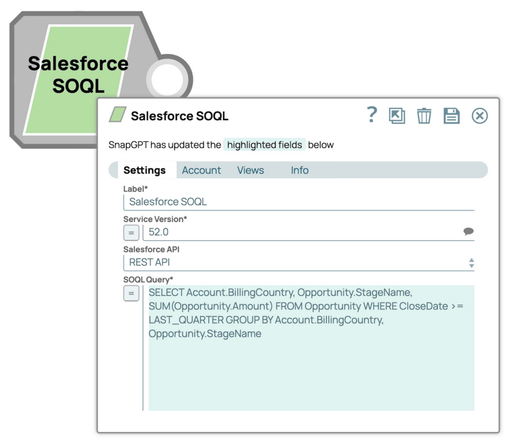 Screenshot der von SnapGPT generierten SOQL-Abfrage, die Opportunity-Daten des letzten Quartals aus Salesforce abruft und nach Land und Stufe gruppiert.