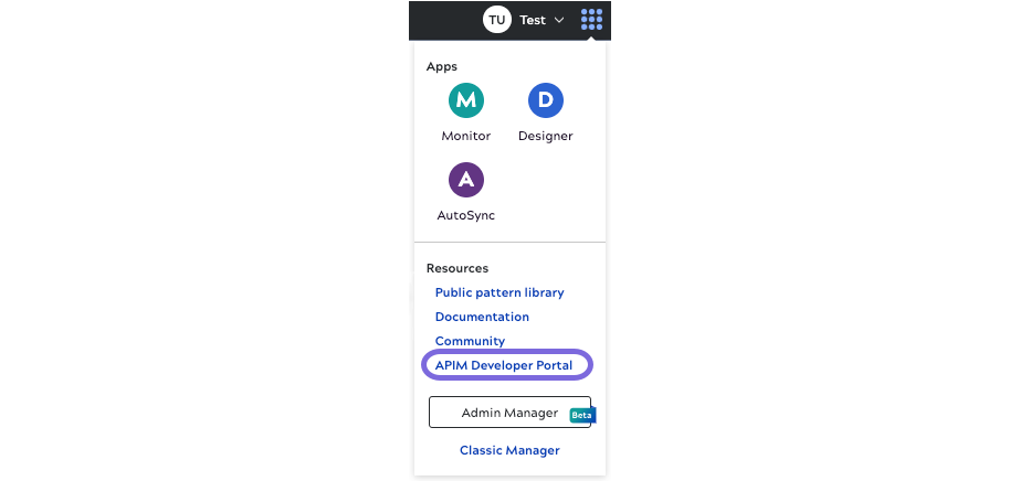 APIM Developer Portal link from the Apps Menu