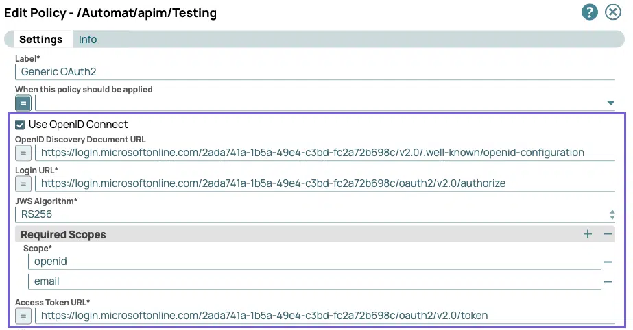 OpenID Connect settings for API security