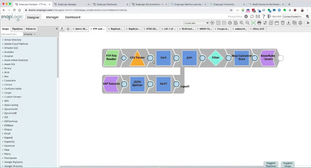 SnapLogic Designer-Schnittstelle mit Pipeline auf dem Bildschirm