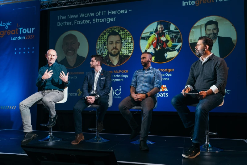 Panel discussion with technology leaders from AstraZeneca, GHD, RNLI and SnapLogic on IT's critical role in advancing digital transformation at Integreat Tour London