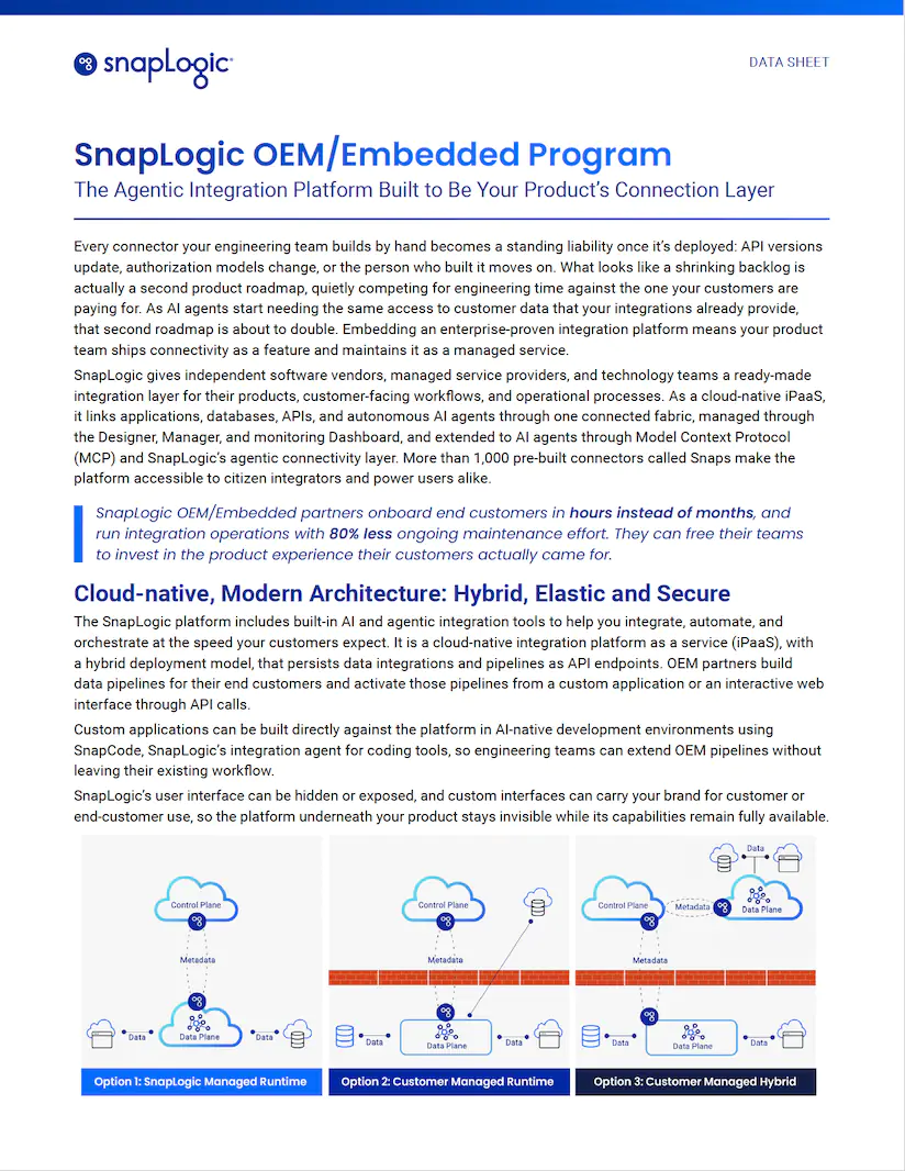 Miniaturansicht des Datenblatts zum SnapLogic-OEM-/Embedded-Programm